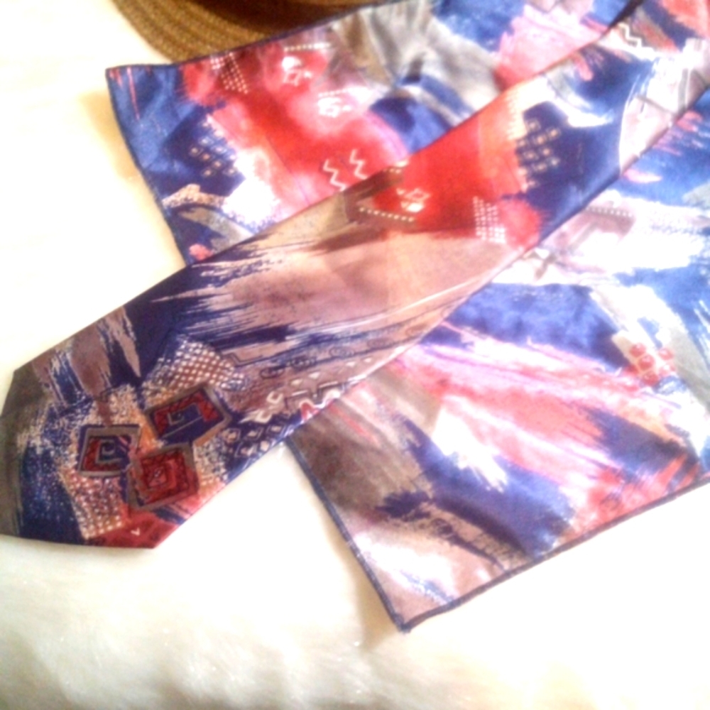 VINTAGE KETCH POCKET SQUARE & TIE SET ABSTRACT ASST'D SHADES REDS BLUES TANS  LN